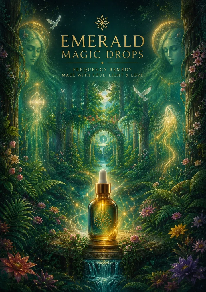 Lichtwezens in een smaragdgroen woud rond een gouden flesje Emerald Magic Drops