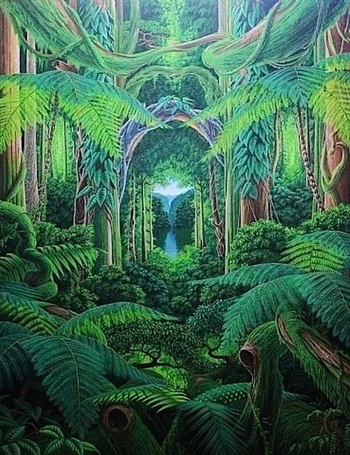 Een groene boog van varens en bomen, met daarachter een meer